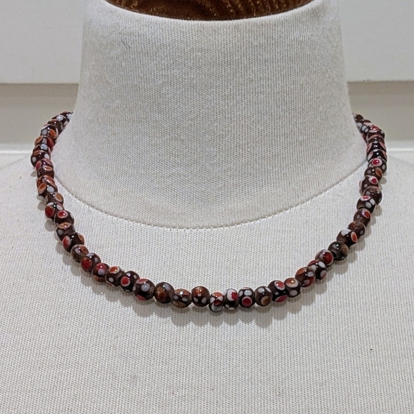 Beckwoman Jewelry - NWOT Beckwoman 16.5" Hand Blown Red White and Brown Mini Glass Bead Necklace